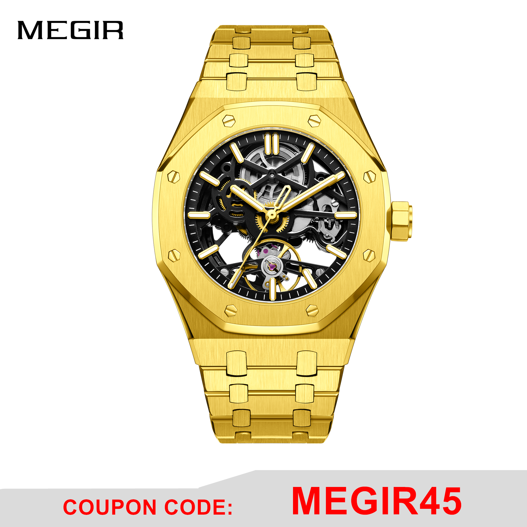 MEGIR Luxury Mechanical Watch for Men Waterproof Automatic Movement Holllow Dial Men's Wrist Watches Stainless Steel 9005-4