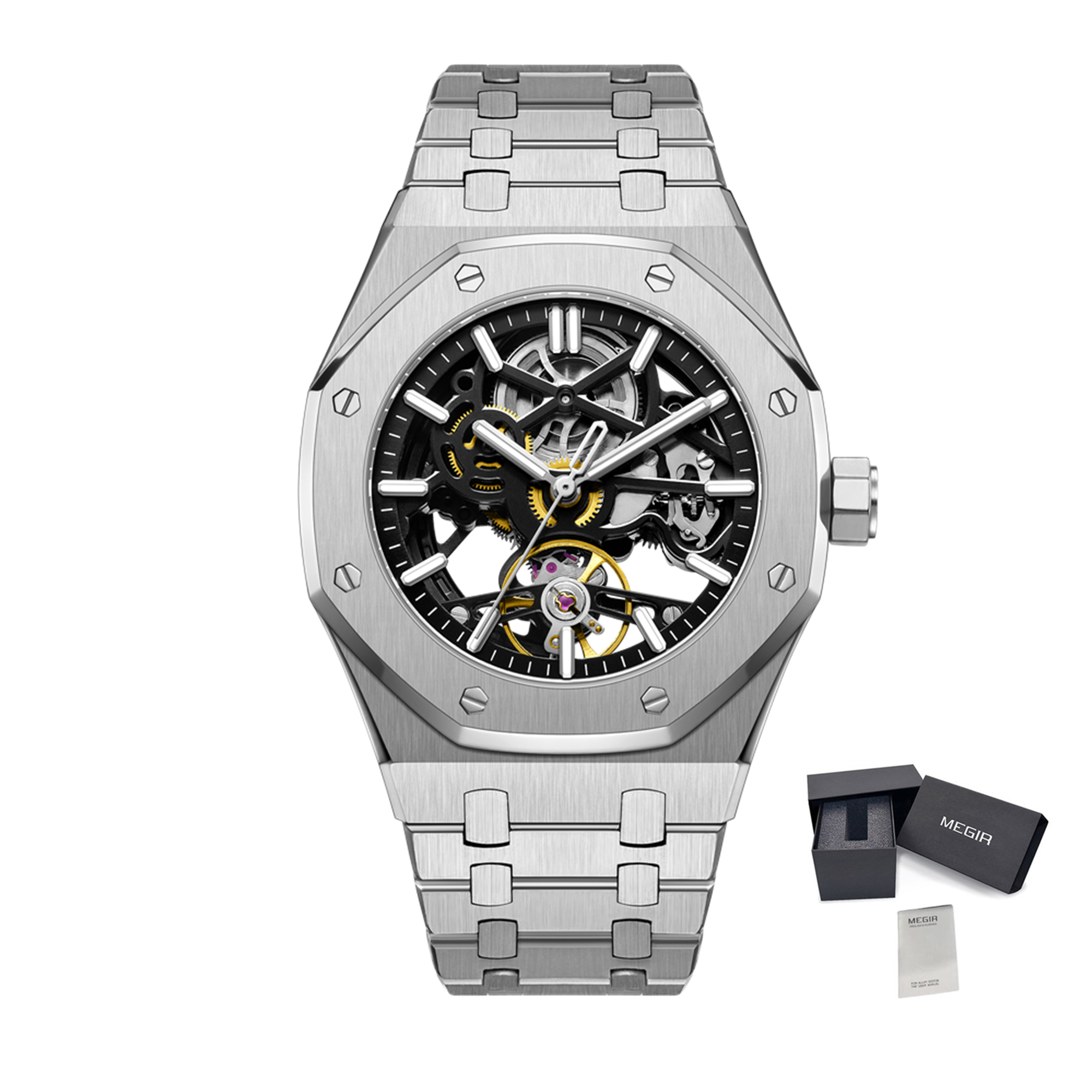 MEGIR Luxury Mechanical Watch for Men Waterproof Automatic Movement Holllow Dial Men's Wrist Watches Stainless Steel 9005-4