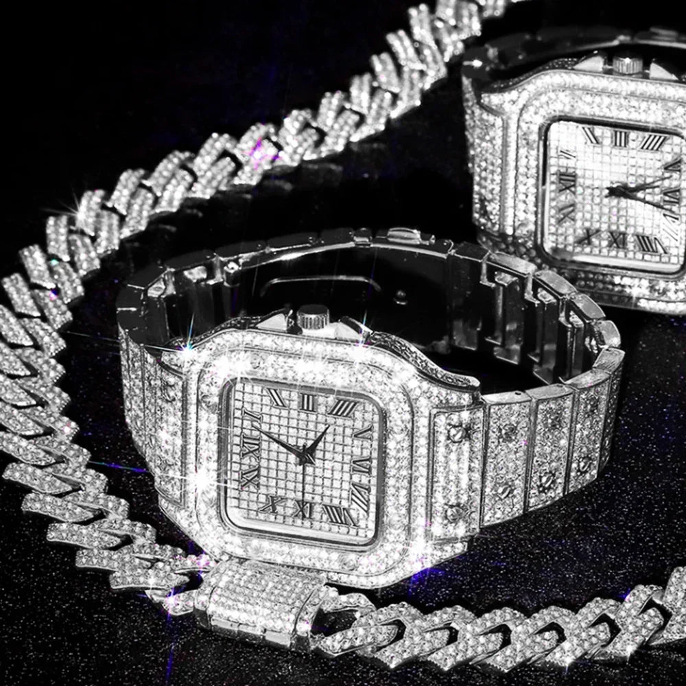 3pcs Men's Watch Set Square Watch Cuban Chain Bracelet (Silver)