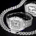 3pcs Men's Watch Set Square Watch Cuban Chain Bracelet (Silver)