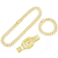 3pcs Men's Watch Set Square Watch Cuban Chain Bracelet (Gold)
