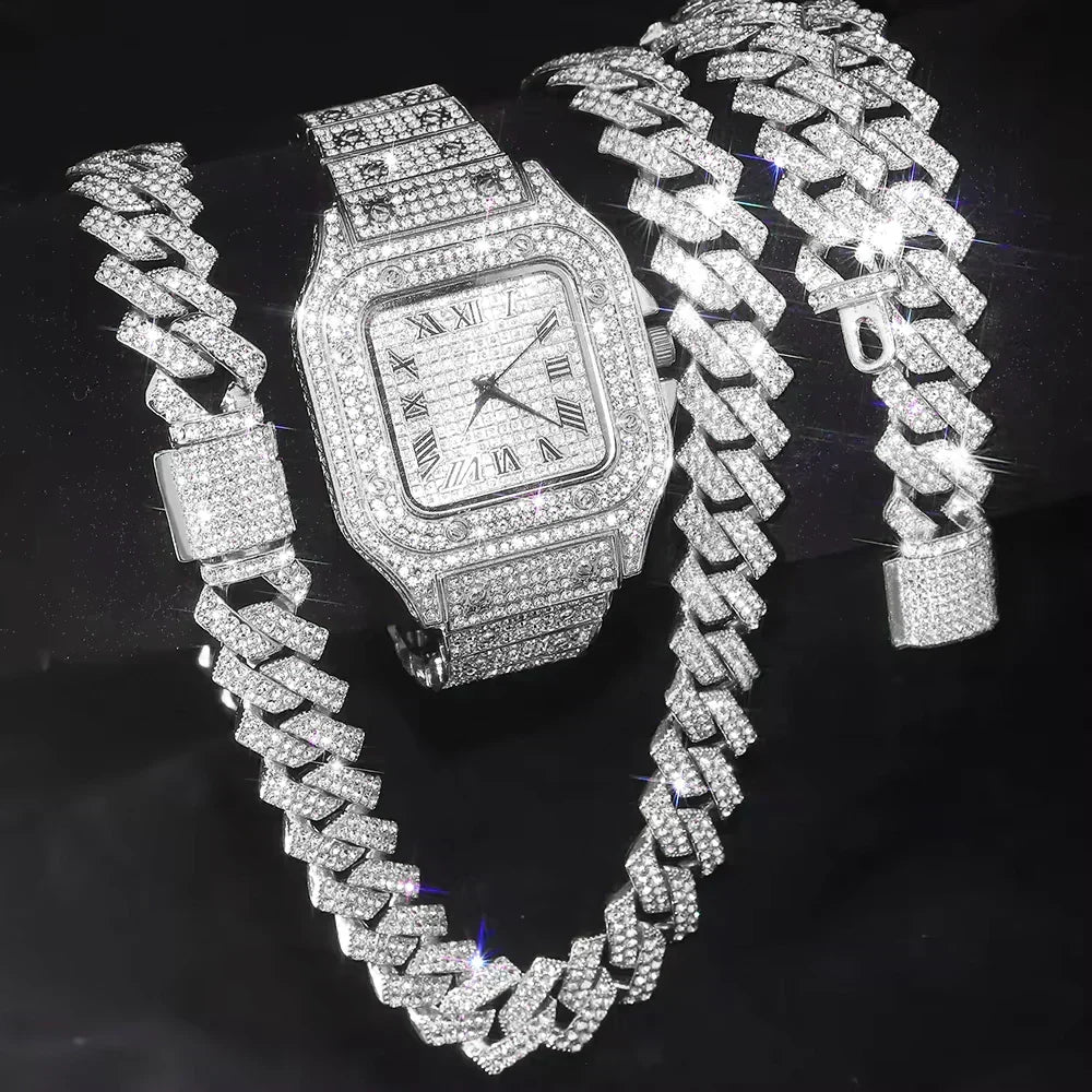 3pcs Men's Watch Set Square Watch Cuban Chain Bracelet (Silver)